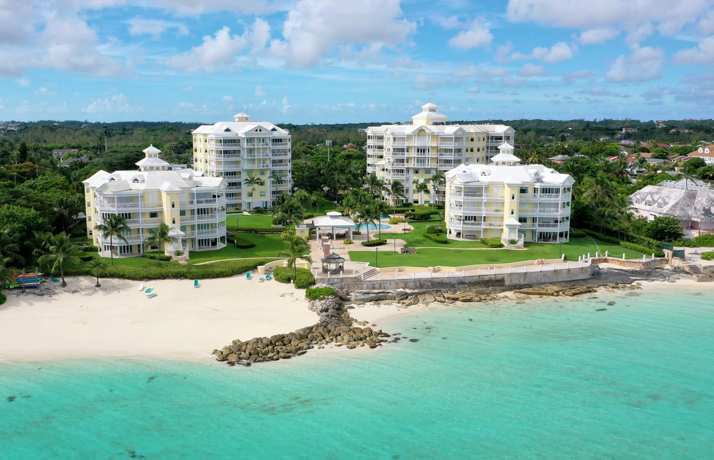 Aerial view of Cable Beach Nassau Bahamas turquoise water and white sand beach for buyer guide
