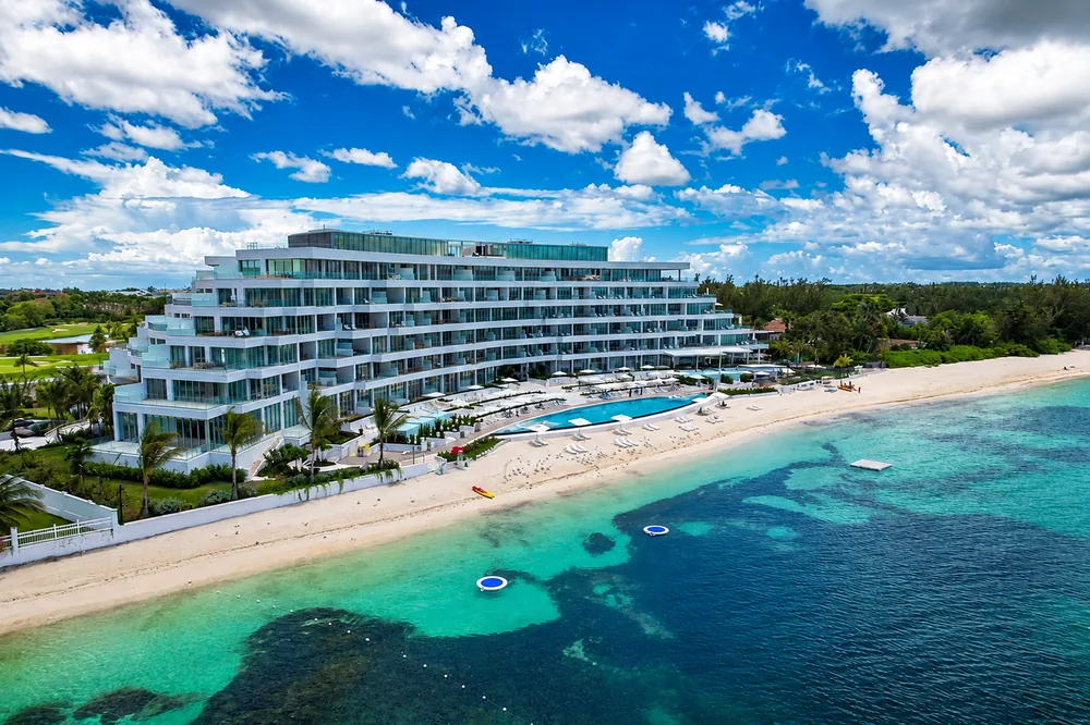 Goldwynn Resort and Residences beachfront aerial on Cable Beach Nassau Bahamas