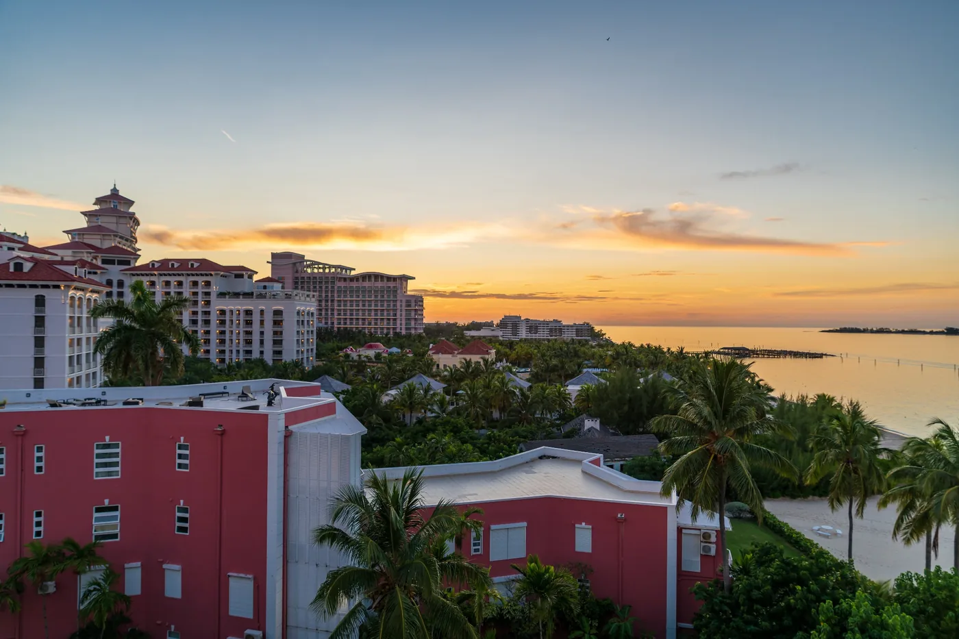 Cable Beach Nassau Bahamas sunset view near Baha Mar resort and ocean
